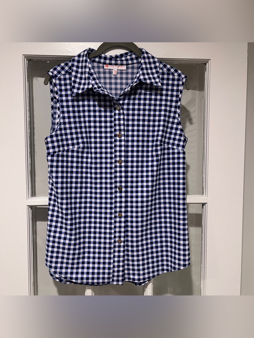 JUDE CONNALLY Navy Blue And White Gingham Sleeveless Tank Top Button Down Size M